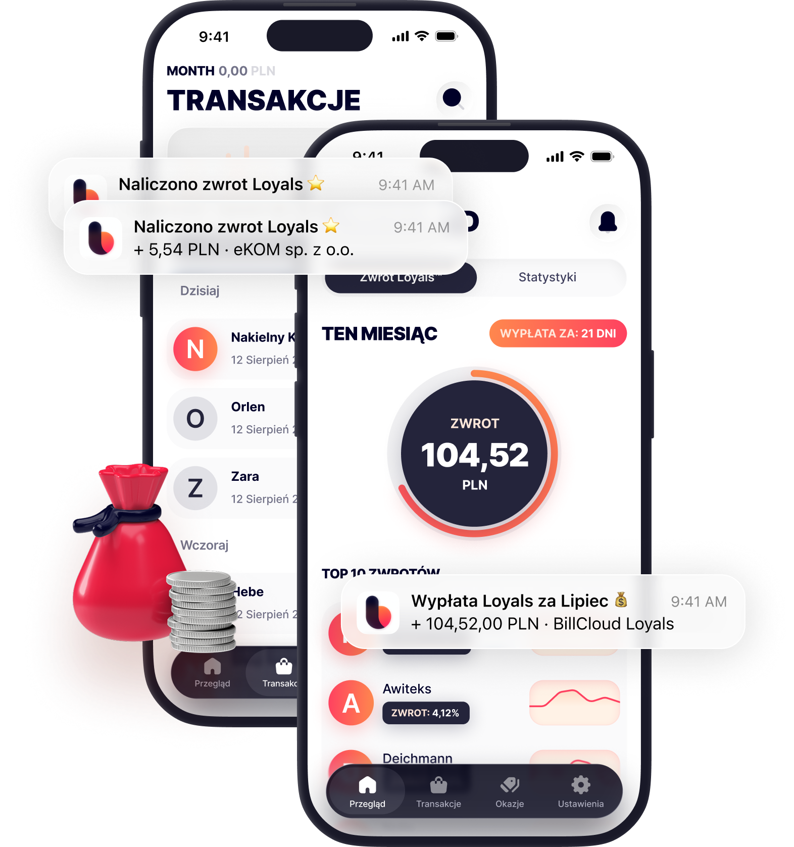Aplikacja BillCloud prezentująca transakcje i cashback Loyals
